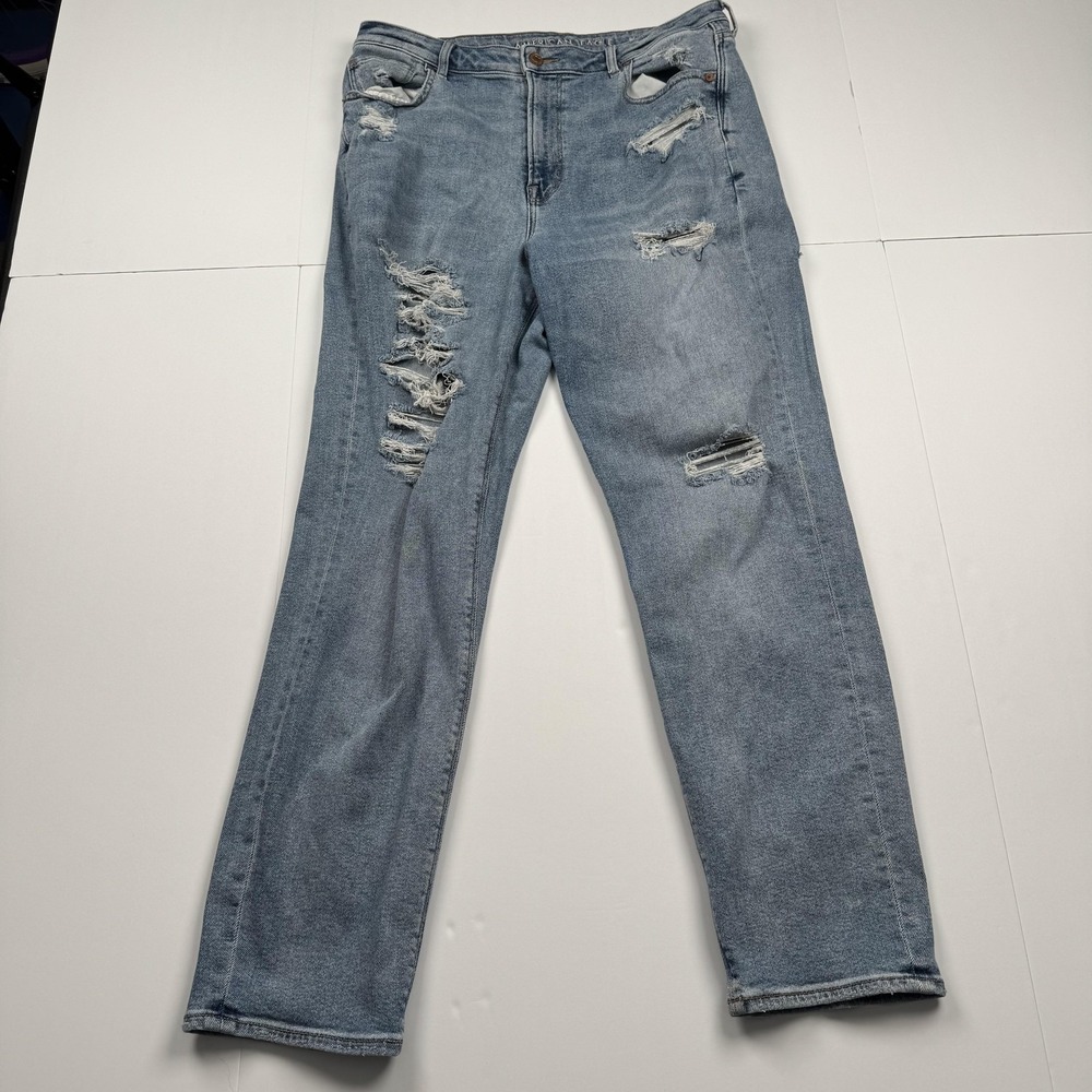 American Eagle Mom Jeans Womens 14 (33x28) Long Blue Distressed Ripped High Rise